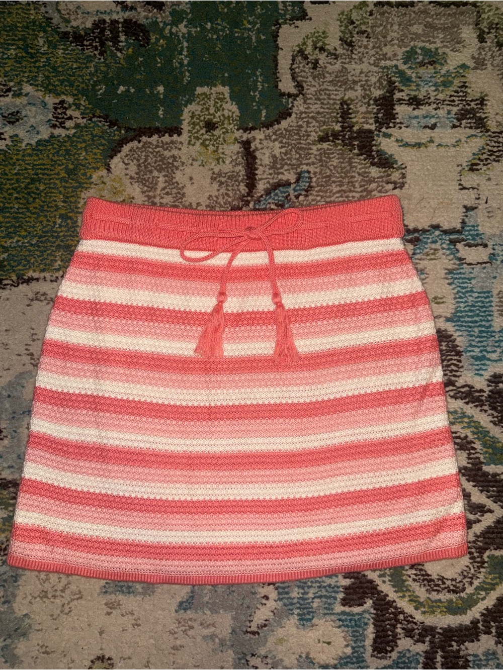Madden NYC Pink White Striped Knit Mini Skirt Size L Drawstring Tassels